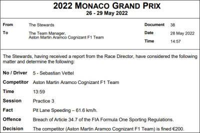 Себастьян Феттель - Aston Martin - Aston Martin оштрафовали на 200 евро - f1news.ru - Монако